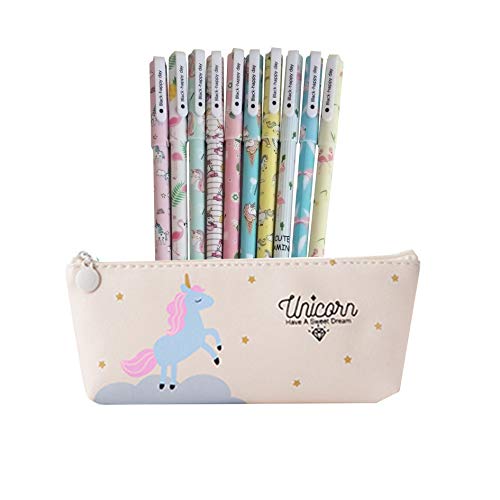 Southstar - 10 bolígrafos de unicornio y 1 estuche para lápices de unicornio para amantes de los flamencos y los unicornios, un gran regalo para una niña, color crema