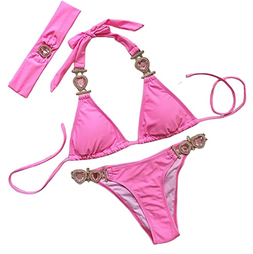Women's Shiny Heart Crystal Bathing Suit Lace-up Rhinestone Bikini Set with Headband Glitter Jeweled Halter Swimsuit