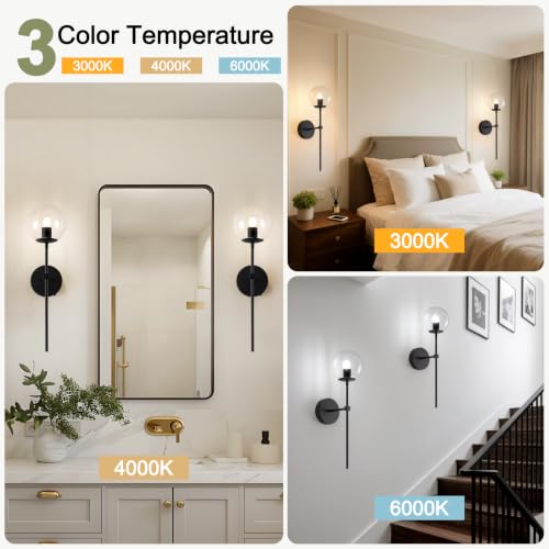 Image of Black Battery Operated wall Sconce Set of 2 Glass Globe 3000~6000K Rechargeable Wall Light Fixture Wireless Wall Lights with Clear Glass Shade for Living Room, Hallway, Bedroom(2 Pack)