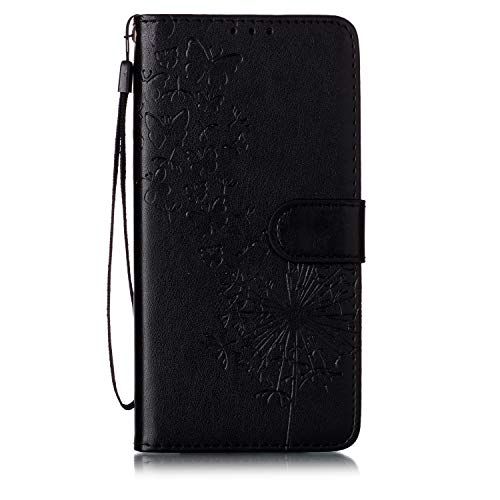 Shukukan Wallet iPhone 11 Pro Max Case, Dandelion Embossed PU Leather Flip Phone Cases Holster with Hand Strap Card Holders Kickstand for iPhone 11 Pro Max 2019 6.5 inch Black