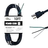 HONDERSON 10 ft Black AC Power Cord Replacement Pigtail End, 3-Wire Appliance and Power Tool Cord, 14 Gauge 3 Prong Heavy Duty Cable, SJTW 15A/125V, 1875W