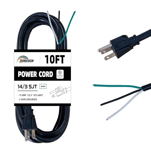 HONDERSON 10 ft Black AC Power Cord Replacement Pigtail End, 3-Wire Appliance and Power Tool Cord, 14 Gauge 3 Prong Heavy Duty Cable, SJTW 15A/125V, 1875W