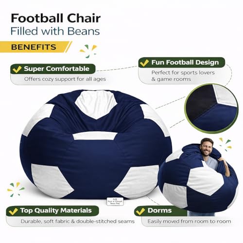 Image of RnS Rest 'n' Sleep Faux Leather Football Bean Bag Filled with Beans | Bean Bag Sofa Chair for Adults & Kids | Home, Office & Restaurant | Capacity Up to 90kg | 1 Year Warranty (White /Navy Blue, XXXL)