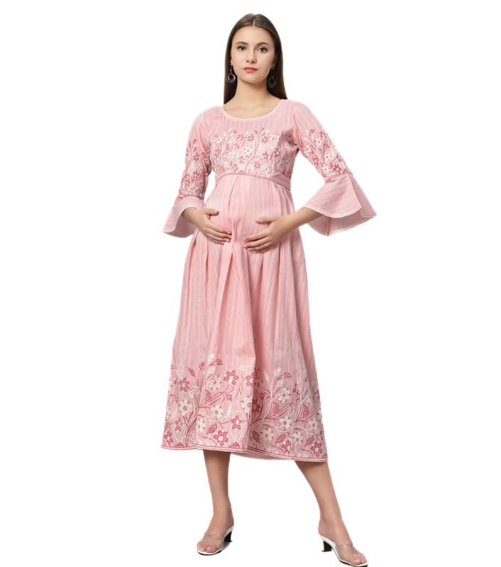 Image of DUMMY SHAPE Feeding Nighty | Maternity Dresses for Women Cotton Blend | Floral Pink Anarkali Kurta with Dual Nursing Zippers for Pregnancy & Breastfeeding | Gifts for Pregnant Women (