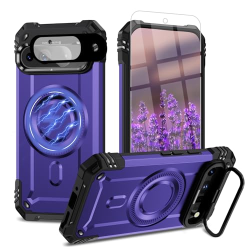 Bonkier for Google Pixel 9 Case [Compatible with Magsafe] [15 FT Military Grade Drop Protection] with Screen Protector & Lens Protector Heavy-Duty Shockproof Kickstand Case for Pixel 9 (J Purple)