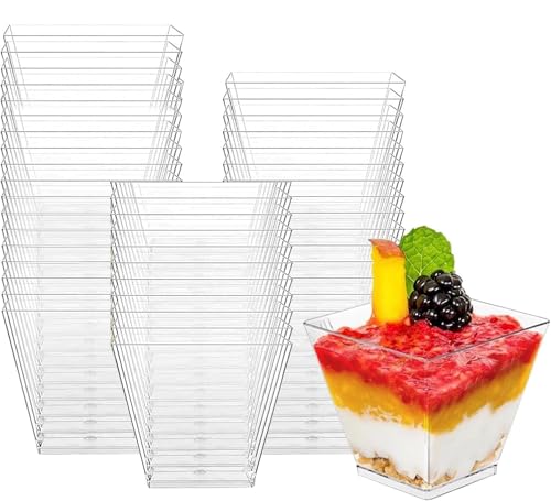 BAVATEE Lot de 100 Verres à Dessert en de 60 ml, Réutilisables à Dessert pour Pudding, Mousse, Crème Glacée, Gobelets à Dessert Carrés pour Anniversaire...