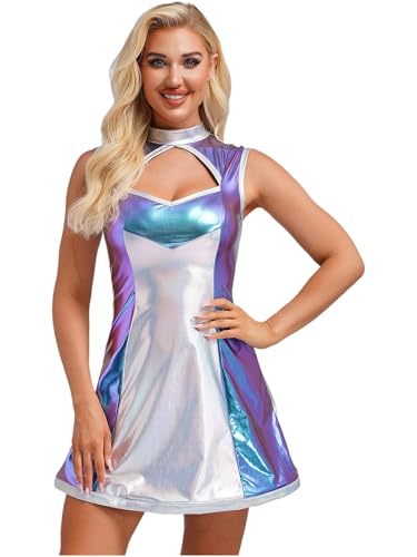 Miutii Disfraz de astronauta para mujer, disfraz de astronauta, vestido brillante metálico, vestido de fiesta, Halloween, carnaval, disfraz azul, XL