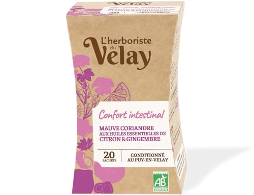 L'Herboriste du Velay - Infusion BIO Confort Intestinal - Mauve, Coriandre, Huiles Essentielles de Citron & Gingembre - Conditionné au Puy-en-Velay - Boite de 20 Sachets