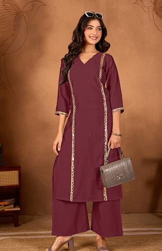 Image of Women Straight-Cut Kurta Pant Set with Subtle Golden Lace Embellishment | Elegant Ethnic Wear for Festive, Office & Casual Use