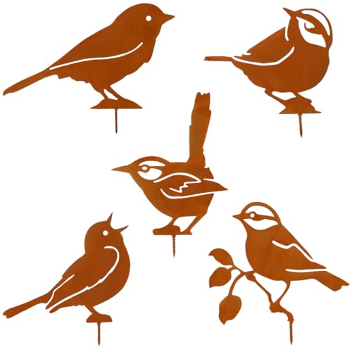 TaleMoon Gartenstecker Vögel Deko Rost,5er Rost Vogel Gartendeko für Draußen,Vögel Deko Metall für Garten Terrasse Balkon,Rostdeko Gartendeko,Metall Roststecker