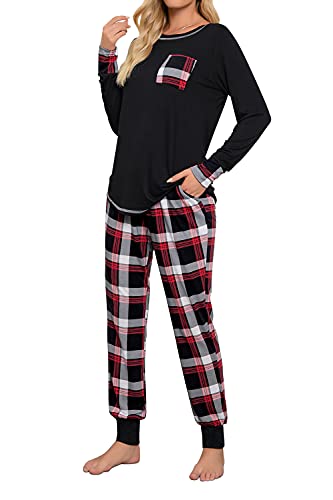 Fuakesor Damen Schlafanzug Lang Pyjama Set Herbst Winter Nachtwäsche Zweiteiliger Sleepwear Soft Loungewear Hausanzug mit Karierte Hose (Schwarz_01, Large)
