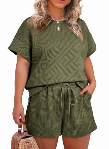 Image of Eytino Women Plus Size 2 Piece Outfits Sweatsuit Short Sleeve Pullover Tops and Drawstring Shorts Pants(1X-5X)