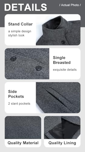 chouyatou Women's Winter Wool Blend Pea Coat Single Breasted Stand Collar Casual Trench Coat Overcoat2