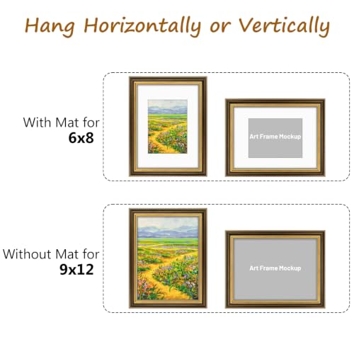 Image of Golden State Art,9x12 Ornate Picture Frame Holds 6x8 Photo,Brown Gold | Includes real glass front,white mat,build-in hangers and buttons.Displays 6x8 photo on wall