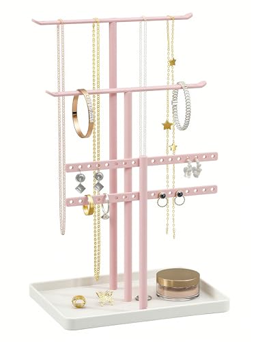 pickpiff - Organisateur de Support à Bijoux à 3 Niveaux - Support Solide pour 80 Pièces de Bijoux - Porte-Bijoux Rose - Porte-Bijoux pour Colliers, Boucles d'oreilles, Bracelets, Bagues - Cadeau pour Femmes