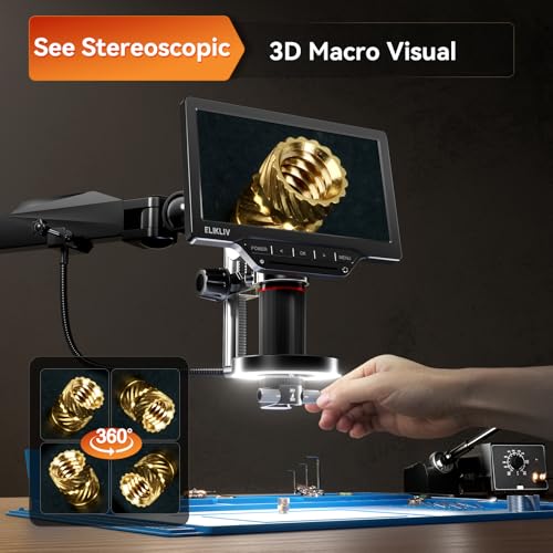 Image of Elikliv EM3K-3D Max 3D Digital Microscope with Magnetic Dual Lens, 3K HDMI, 10.1 inch Flex Arm, Coin & Electronics Repair Microscope with Ring Light, 64GB Card Included