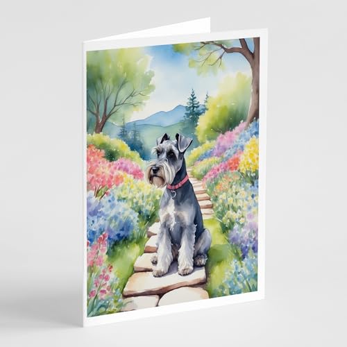 Caroline's Treasures Schnauzer Spring Path Greeting Cards Pack of 8 Blank Cards with Envelopes Whimsical A7 Size 5x7 Blank Note Cards