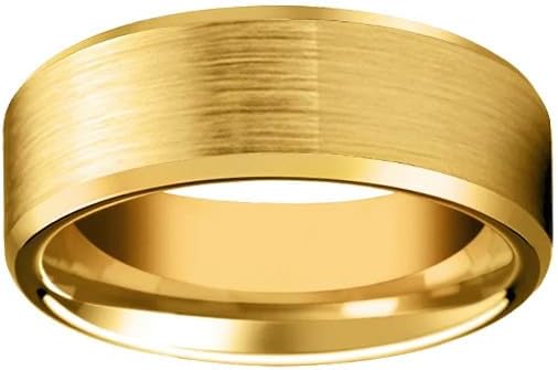 Yellow Gold Wedding Band Mens Ring 8mm Tungsten Rings for Mens Wedding Band 14K Gold Ring with Beveled Edges Unique Golden Gifts for Him