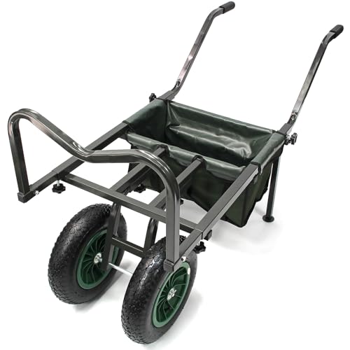 Carp Fishing Barrow Twin Big Wheels & Steel Adjustable Body Built In Tackle Bag - Ideal for Anglers and Camping