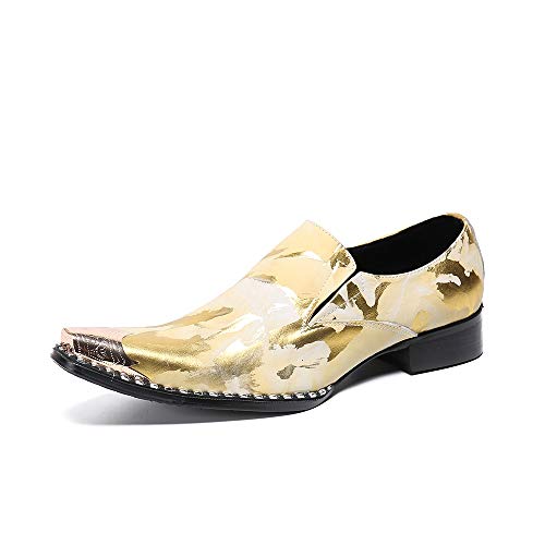 Oxford for Men Work Shoes Slip On StyleGenuine Leather Block Heel Retro Iron Pointed Toe Embossed Casual Business