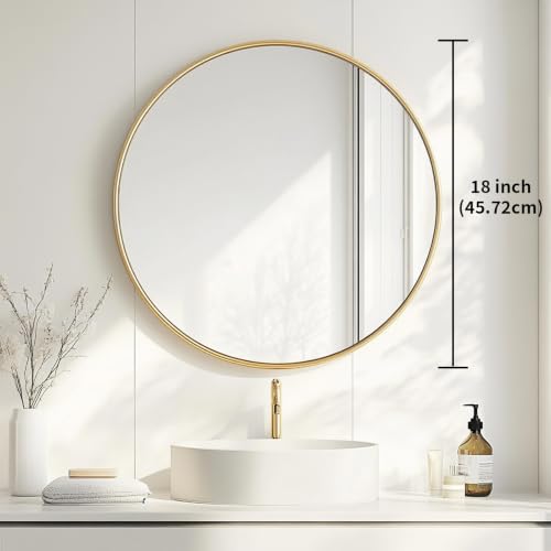 Image of Oruii Small Round Mirror, 18 inch Gold Circle Mirror, Gold Metal Frame | High Definition, Waterproof, Rust-resistant, Circular Wall Mirrors for Bathroom, Bedroom, Vanity, Nursery, Kids, Wall Decor