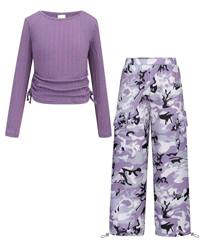 Yhnslsf Teen Girl Clothes Size 13 14 Clothing Long Sleeve Ruched Drawstring Ribbed Knit Top Purple Camo Cargo Pants Kids Trendy School Fall Winter Girls Outfits