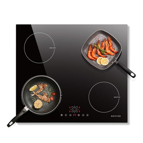 NOXTON Placa induccion 4 Fuegos 60 cm, 7200W, Cristal negro, Control deslizante, Ajuste de 9 velocidades, Control por sensor, Bloqueo para niños