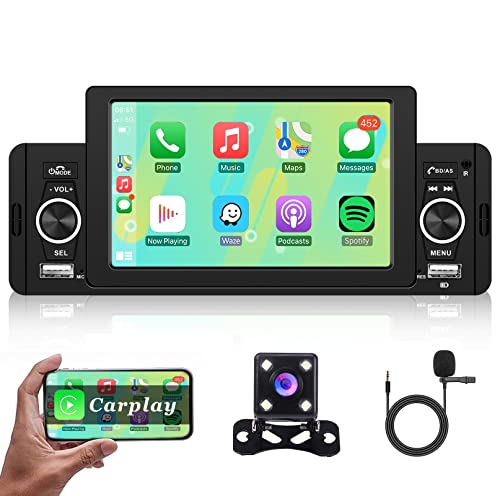 Hodozzy 1 Din Poste Radio Voiture Bluetooth avec Carplay/Android Auto 5 Pouce Touchcreen Autoradio Single Din avec Ecran avec Mirror Link/USB/FM/SWC+ Micro + Camera de Recul