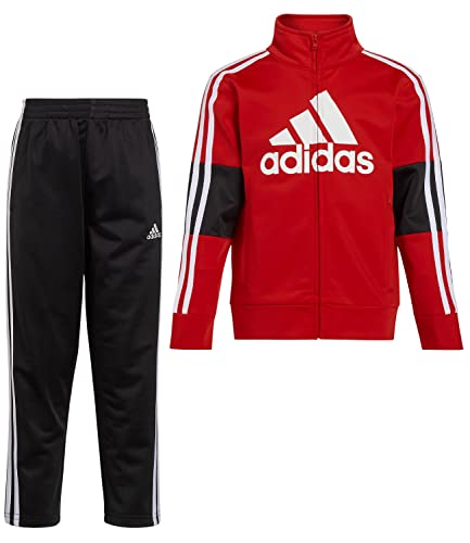 adidas Boys' Little Tricot Jacket & Pant Clothing Set, Vivid Red Stripe 3S, 4 (AG6415C)