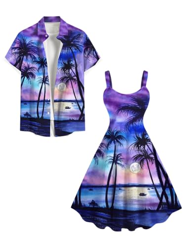 Image of ROSE GAL Matchable Couple Hawaiian Tie Dye Coconut Tree Print Shirt or Plus Size Knee Length Fit and Flare Tank Dress