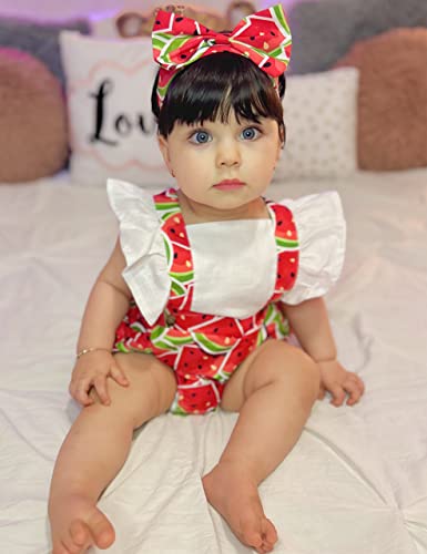 Newborn Baby Girl Outfits Summer Infant Romper Ruffle Sleeve Suspender Jumpsuit Onesies Summer Clothes + Headband Watermelon 3-6 Months #TOP1
