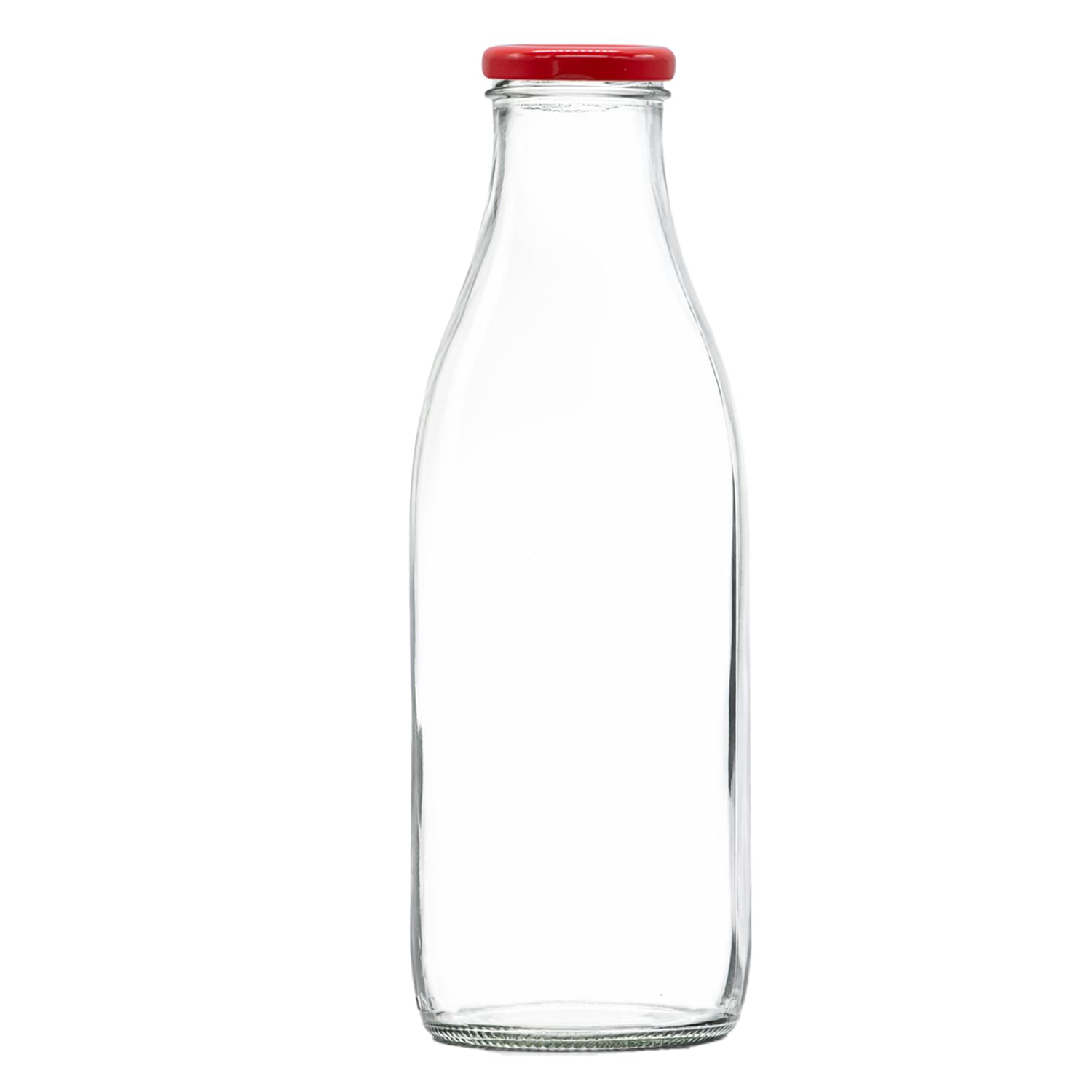 1 Litre Glass Bottles with Lids (Pack of 6) – Large Glass Drink Bottles for Juice, Milk, Water & Smoothies (6 x Red Lids)