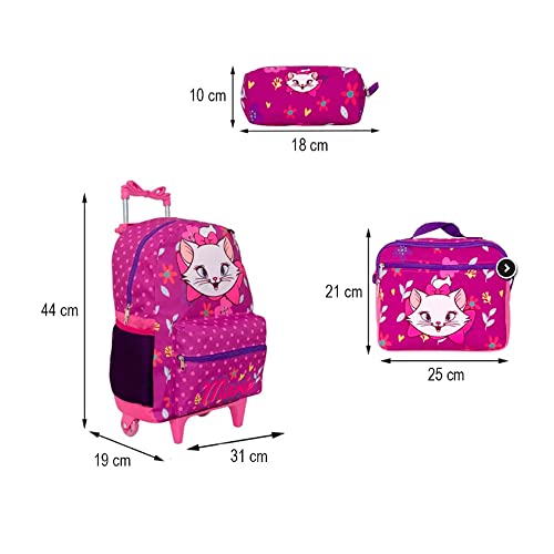 Kit Mochila Infantil com Rodinhas Gata Marie + Lancheira + Estojo