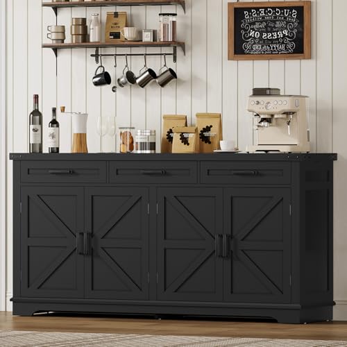 Image of usikey Buffet Cabinet, 61” Large Sideboard Buffet Storage Cabinet with 3 Drawers, Farmhouse Coffee Bar with 4 Doors, for Kitchen, Living Room, Black