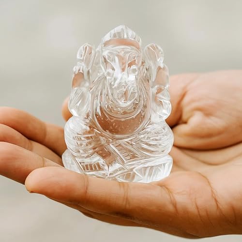 Image of Certified Sphatik Ganesha (10-20 Gram) | AAA Grade Clear Quartz Crystal Vinayaka Idol | with Pure Ganga Jal & Chandan | Spatika Ganapati for Puja & Meditation