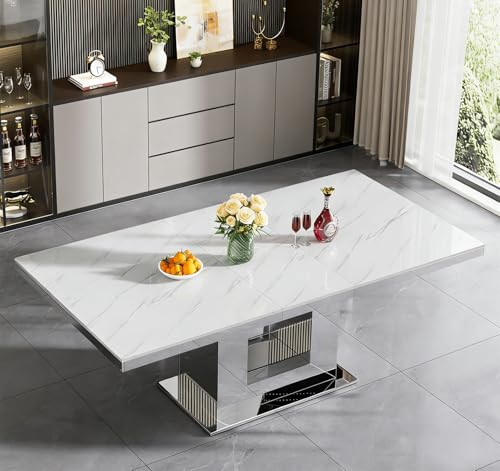 Image of 9-Piece Extendable Dining Table Set for 8, Modern 63 inch-94 inch White Marble Expandable Kitchen Table Set with 8 Velvet Chairs, Large Extendable Dining Room Tables with Mirrored U-Shape Base