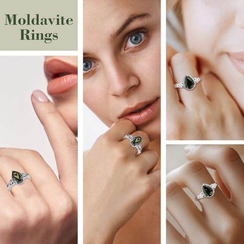 Moldavite & White Zircon Ring in 925 Sterling Silver Wedding Rings for Women with Platinum Plating Promise Jewelry Valentines Day Gifts for Her Birthday Gifts for Womens2