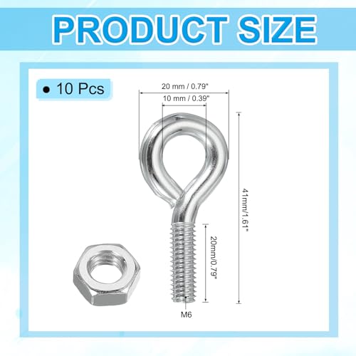 Image of PATIKIL M6x20mm Eye Bolts, 10 Pcs Carbon Steel Threaded Eyebolt Eye Hooks Screws with Nut for Hanging or Securing Cables Silver