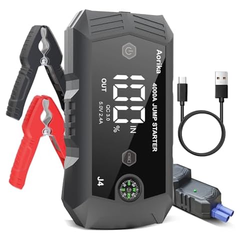 Car Battery Jump Starter, Portable 4000A Peak Car Battery Charger (All Gas/12.0L Diesel) Jump Starter, 12V Car Battery Jumper Starter with Safety Jumper Cables, Lights, Fast Charging Cover