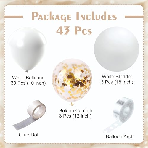 Image of White Balloon Garland Kit, 43 Pieces, Gold Confetti Balloons for Birthday, Anniversary, Wedding Decoration, Anniversary, engagement party