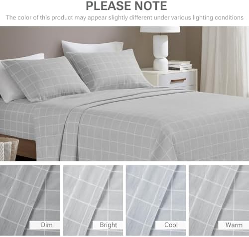 True North by Sleep Philosophy Flannel Sheets Queen Size, Cozy 100% Cotton Flannel Bed Sheets, Ultra Soft Cute Sheet Set, Novelty Print Themed Cold Weather Warm Bedding Set, Grey Windowpane, 4 Piece - Thumbnail 5