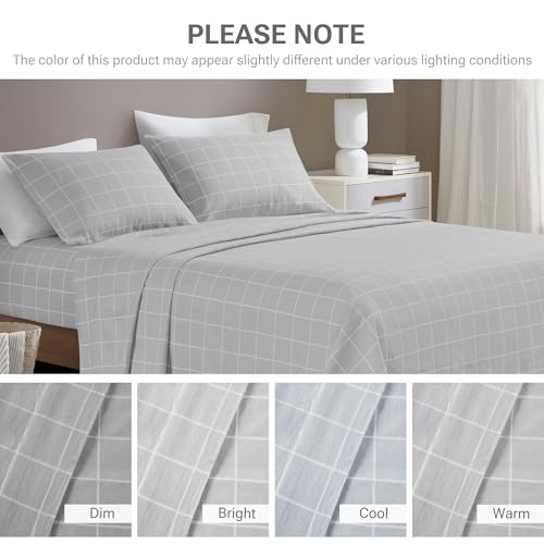 Image of Sleep Philosophy True North Flannel Sheets Queen Size, Cozy 100% Cotton Flannel Bed Sheets, Ultra Soft Cute Sheet Set, Novelty Print Themed Cold Weather Warm Bedding Set, Grey Windowpane, 4 Piece