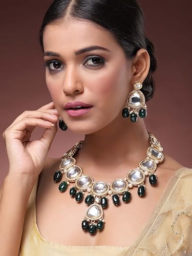Image of Karatcart Gold Plated Green Crystal and Pearl Studded Kundan Rani-Haar Necklace Set for Women