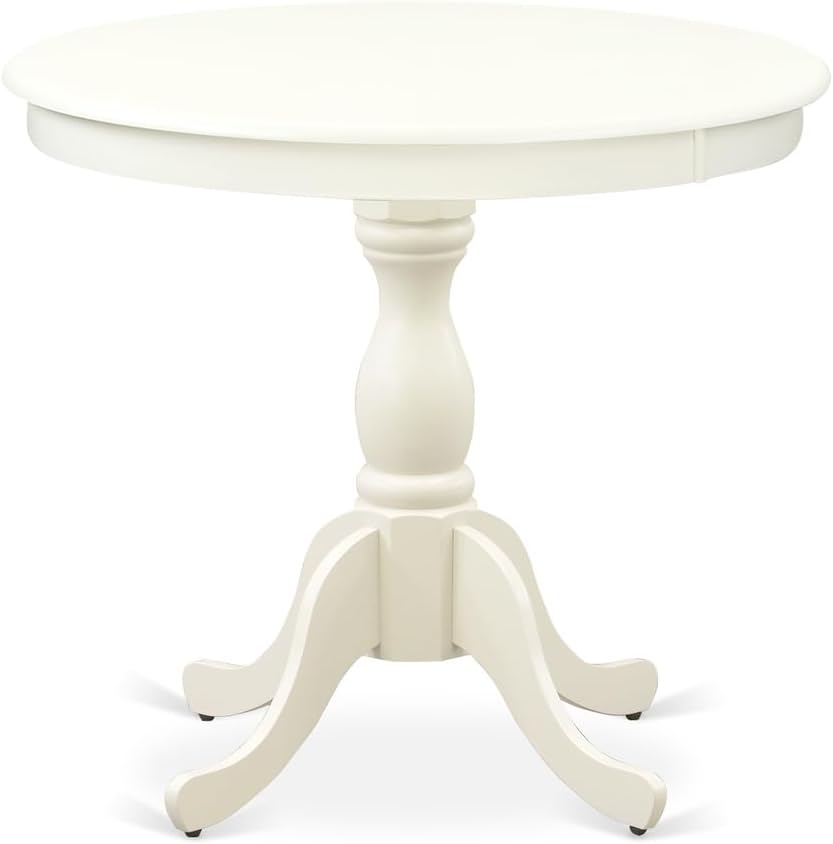 HomeStock Sophisticated Simplicity s Round Modern Dining Table Linen White Color Table Top Surface and Asian Wood Round Dining Table Pedestal Legs -Linen White Finish