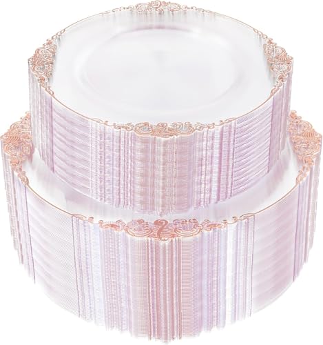 Joyido 102PCS Rose Gold Plastic Plates - Clear Rose Gold Plate - Heavy Duty Disposable Plates - Fancy Disposable Dinner & Dessert Plate for 51 Guests for Party & Wedding Joyido 102PCS Rose Gold Plastic Plates - Clear Rose Gold Plate - Heavy Duty Disposable Plates - Fancy Disposable Dinner & Dessert Plate for 51 Guests for Party & Wedding