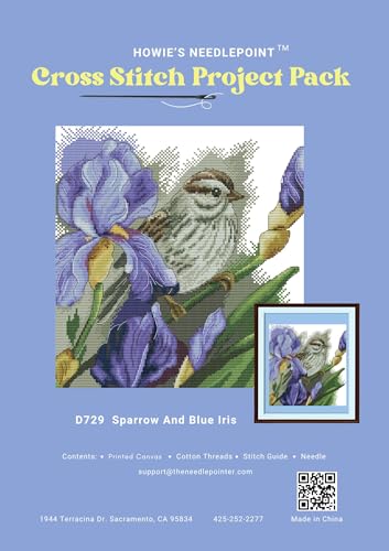 Image of Howie's Cross Stitch Kits, 14CT Pre-Printed Pattern Embroidery Set Needlework, Full Range of Stamped Starter Kits(The Sparrow and Flowers, 13.89 x 13.89 inch)