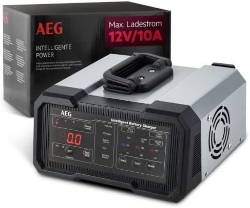 AEG Batterieladegerät CW10, für 6/12 V Batterien, 10A, automatische Ladefunktion, umfangreicher Sicherungsschutz, Erhaltungsfunktion, Ladestatusanzeige in Prozent, LED-Display