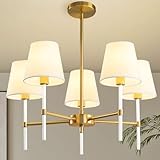 RUIYEY Dining Room Chandeliers Light - 5-Light White and Gold Modern Chandeliers Light Fixtures with White Fabric Shade, Height Adjustable Pendant Island Light for Entryway Farmhouse