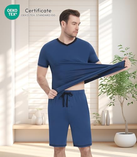 Image of NACHILA Pajamas for Men Pj Short Sleeve Sleepwear with Shorts V Neck Loungewear Cool Pajama,Viscose Made from Bamboo