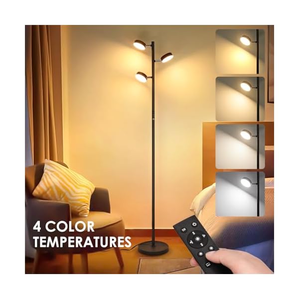 LED Tree Floor Lamp, Dimmable Modern Floor Lamp with Remote & Touch Control, 3 Rotatable Light Floor Lamps with Timer, 4 Color Temperatures, Tall Standing Lamp for Living Room, Bedroom, Office, Black - Image 3